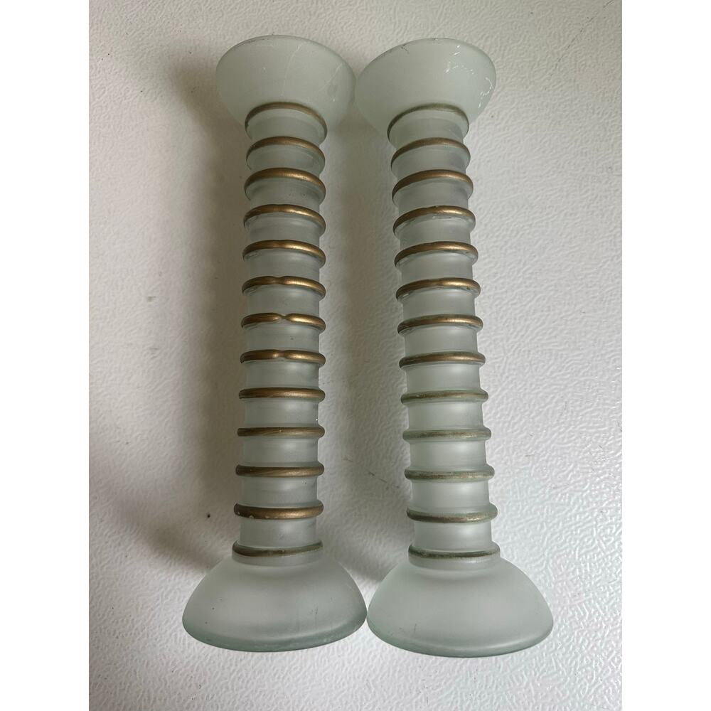 Vintage La Mediterranea Green Glass Vases Candlesticks frosted Spain set 2, 7”